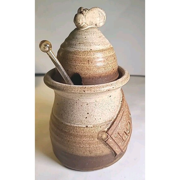 Wagner Village Pottery Glazed Honey Pot and Wooden Dipper Hand Made Signed - Picture 2 of 9